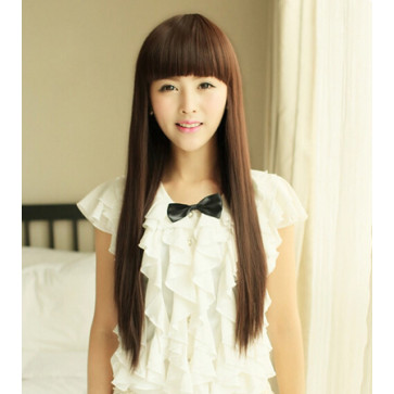 Brown Light 28in Full Bang Straight Long Hair Lolita Cosplay Wig