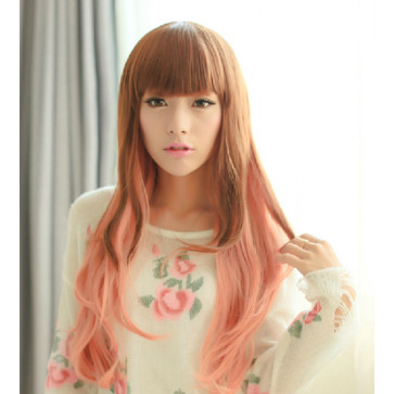 Brown Light Pink 27in Full Bang Long Curly Hair Lolita Cosplay Wig