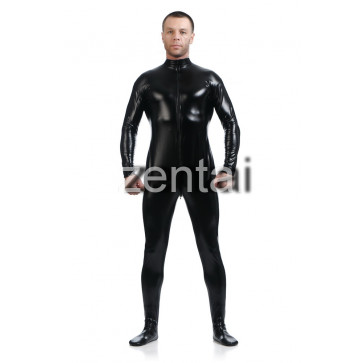 Man's Full Body Black Color Shiny Metallic Zentai(Front Zipper) 