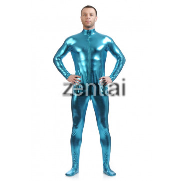 Man's Full Body Deep Sky Blue Color Shiny Metallic Zentai(Front Zipper)