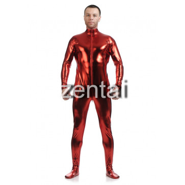 Man's Full Body Red Color Shiny Metallic Zentai(Front Zipper)