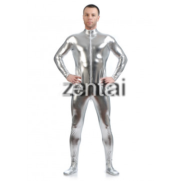 Man's Full Body Silver Color Shiny Metallic Zentai(Front Zipper)