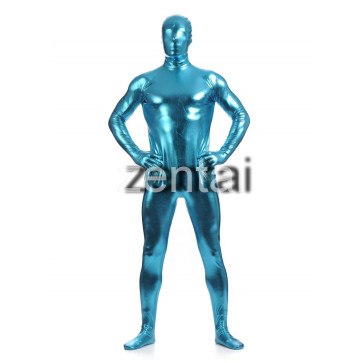 Man's Full Body Sky Blue Color Shiny Metallic Zentai