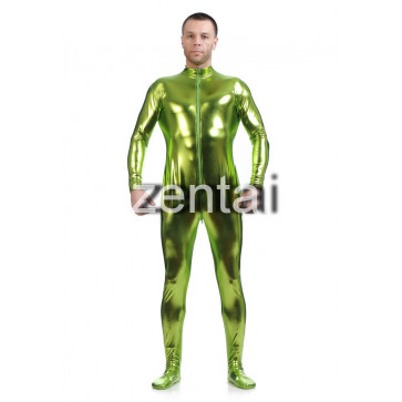 Man's Full Body Yellow Green Color Shiny Metallic Zentai(Front Zipper)