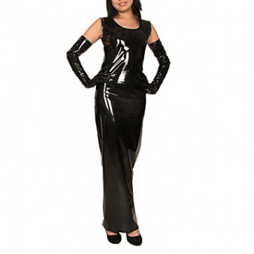 Sleeveless Black Shiny Metallic Dress with Gloves