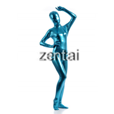 Woman's Full Body Blue Color Shiny Metallic Zentai