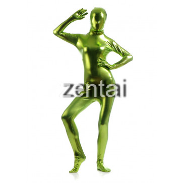 Woman's Full Body Fluorescent Green Color Shiny Metallic Zentai