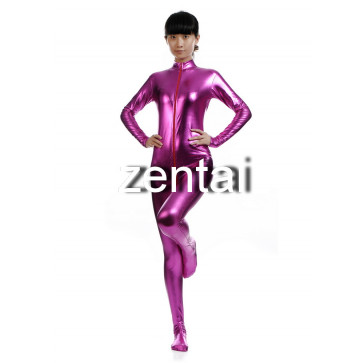 Woman's Full Body Fuchsia Color Shiny Metallic Zentai(Front Zipper)