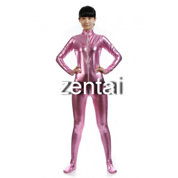 Woman's Full Body Pink Color Shiny Metallic Zentai(Front Zipper)