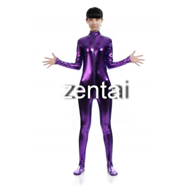 Woman's Full Body Purple Color Shiny Metallic Zentai(Front Zipper)