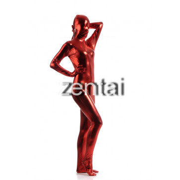 Woman's Full Body Red Color Shiny Metallic Zentai