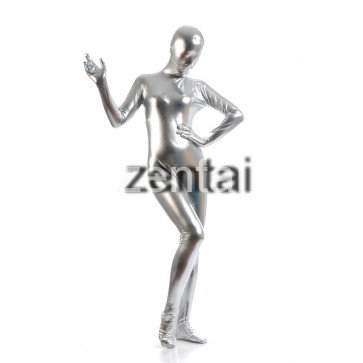 Woman's Full Body Silvery White Color Shiny Metallic Zentai