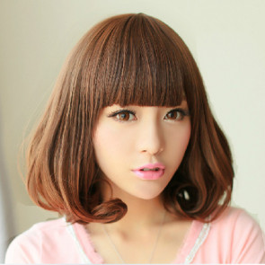 Brown Light 14in Full Bang Bob Lovely Curly Hair Lolita Cosplay Wig