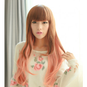 Brown Light Pink 27in Full Bang Long Curly Hair Lolita Cosplay Wig