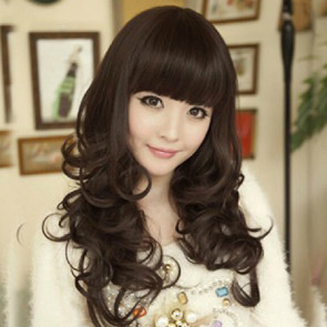 Dark Brown 22in Full Bang Lovely Curly Hair Lolita Cosplay Wig