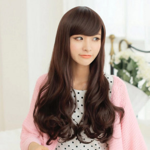 Dark Brown 24in Side Bang Long Curly Hair Lolita Cosplay Wig