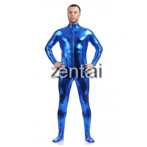 Man's Full Body Blue Color Shiny Metallic Zentai(Front Zipper)