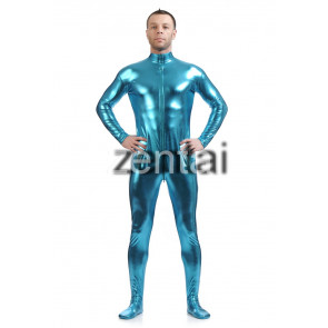 Man's Full Body Deep Sky Blue Color Shiny Metallic Zentai(Front Zipper)
