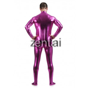 Man's Full Body Fuchsia Color Shiny Metallic Zentai(Front Zipper)