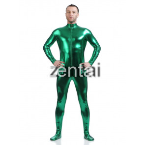 Man's Full Body Green Color Shiny Metallic Zentai(Front Zipper) 