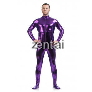 Man's Full Body Purple Color Shiny Metallic Zentai(Front Zipper) 