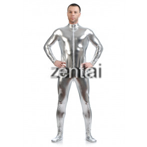 Man's Full Body Silver Color Shiny Metallic Zentai(Front Zipper)