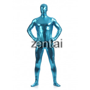 Man's Full Body Sky Blue Color Shiny Metallic Zentai