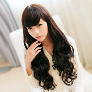 Natural black 27in Side Bang Long Curly Hair Lolita Cosplay Wig
