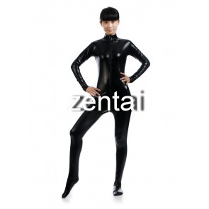 Woman's Full Body Black Color Shiny Metallic Zentai(Front Zipper)