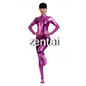 Woman's Full Body Fuchsia Color Shiny Metallic Zentai(Front Zipper)