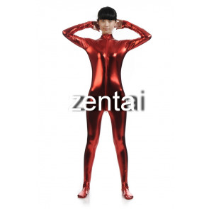 Woman's Full Body Red Color Shiny Metallic Zentai(Front Zipper)