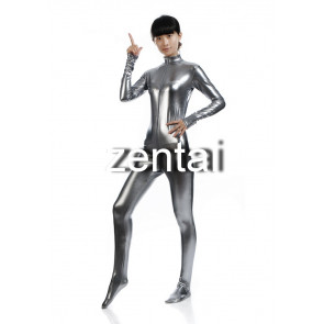 Woman's Full Body Silver Gray Color Shiny Metallic Zentai(Front Zipper)