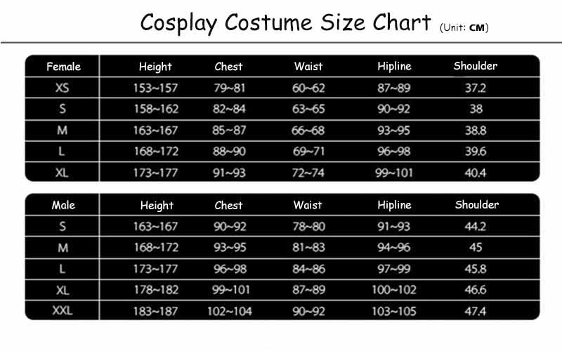 Cosplay size chart